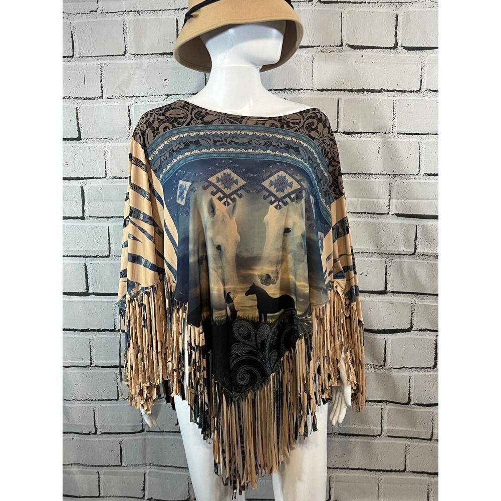 Western Horse Graphic Fringe Poncho Top Tan Blue Southwestern Boho One Size